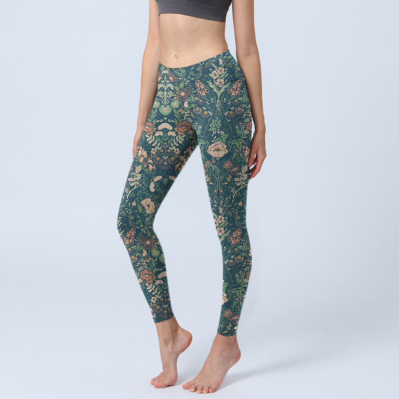 Leggings de yoga para mujer con estampado de flores y vides con Buddha Stones verdes - Verde azulado - US18，UK/AU22，EU50 (4XL) - image 0