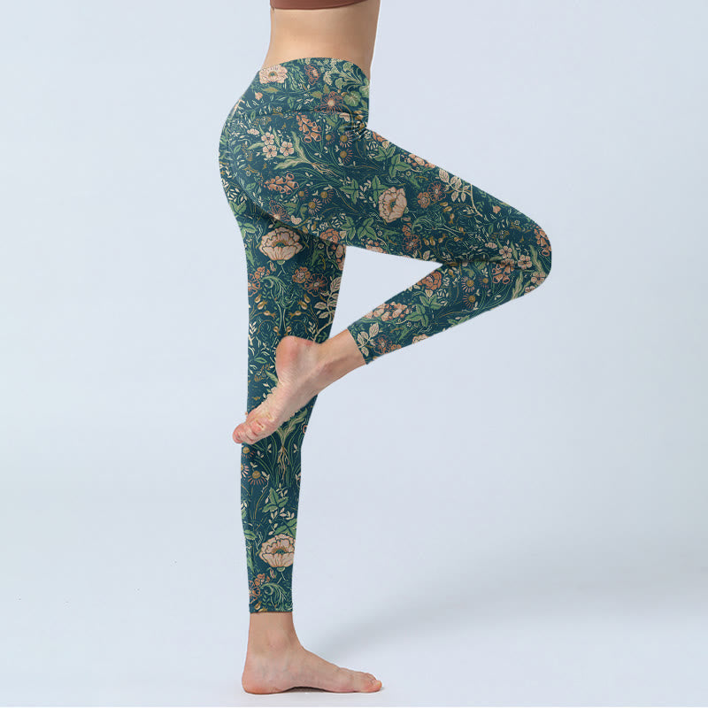 Leggings de yoga para mujer con estampado de flores y vides con Buddha Stones verdes - image 4