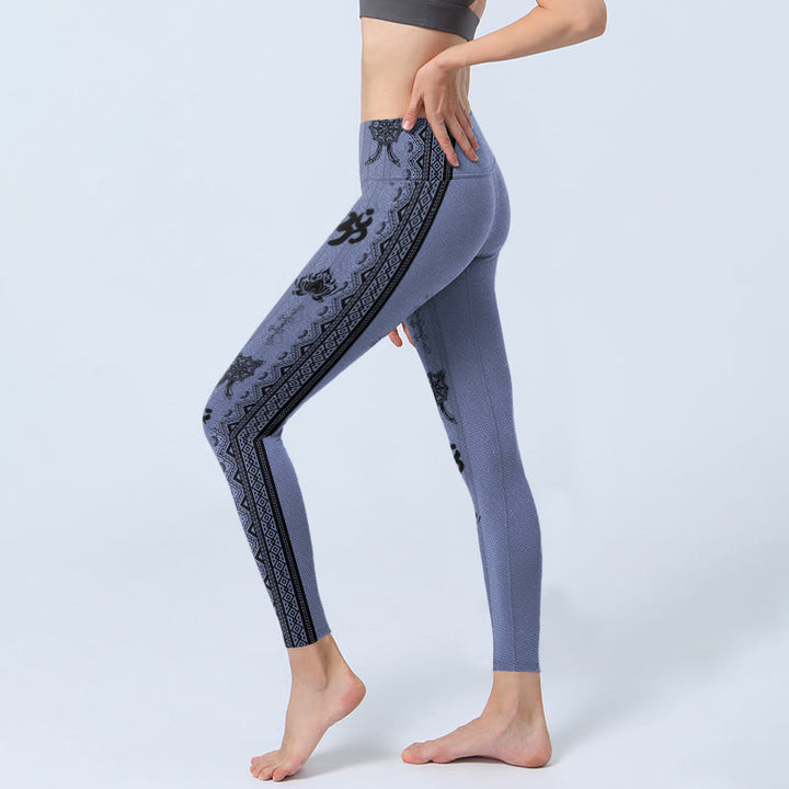 Leggings de yoga para mujer con estampado de loto, palabra sánscrita Om y Buddha Stones con costuras azules - image 3
