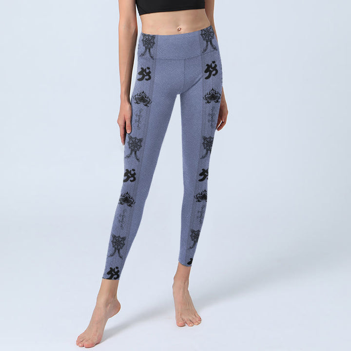 Leggings de yoga para mujer con estampado de loto, palabra sánscrita Om y Buddha Stones con costuras azules - image 5
