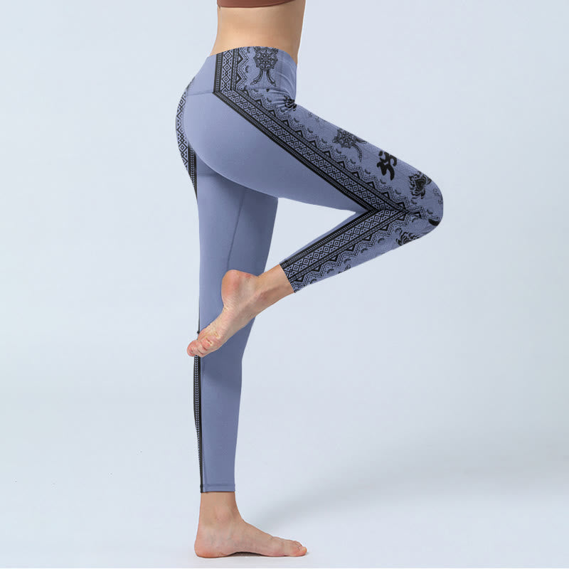Leggings de yoga para mujer con estampado de loto, palabra sánscrita Om y Buddha Stones con costuras azules - image 5