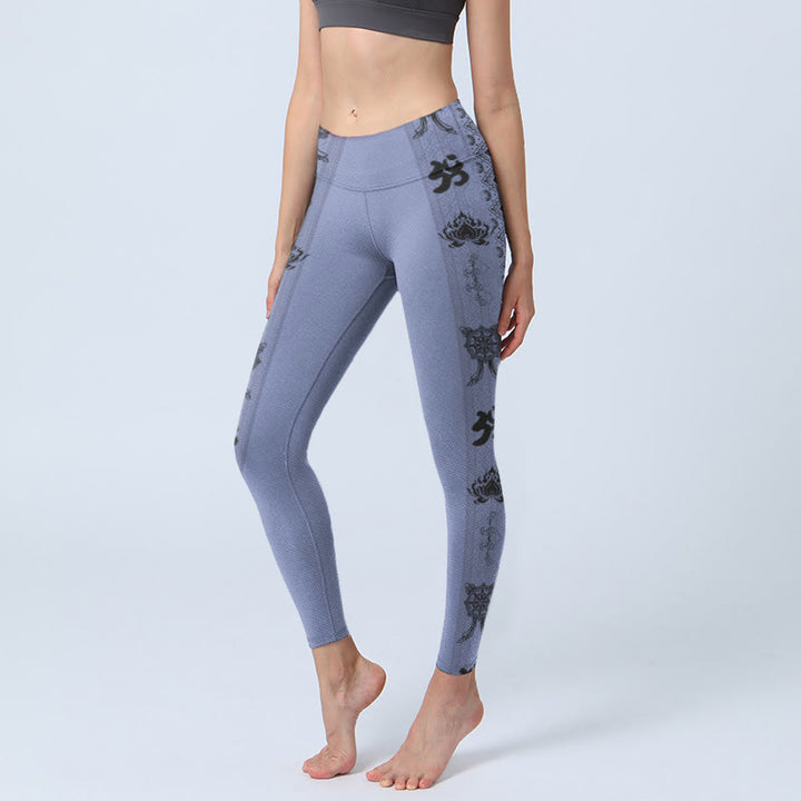Leggings de yoga para mujer con estampado de loto, palabra sánscrita Om y Buddha Stones con costuras azules - Azul acero - US18，UK/AU22，EU50 (4XL) - image 0