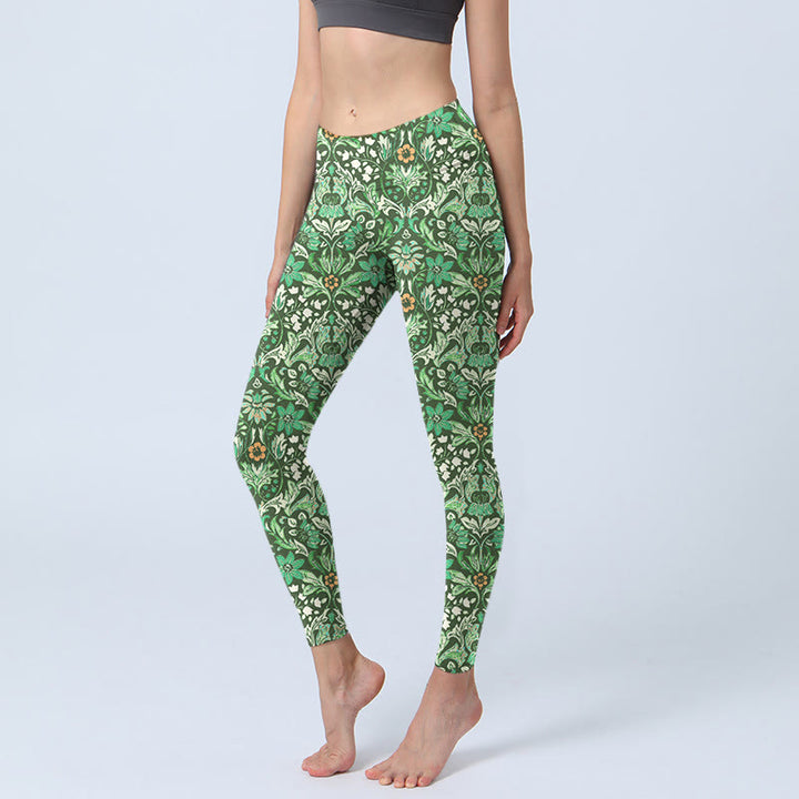 Leggings de yoga para mujer con estampado simétrico de flores y hojas con costuras verdes de Buddha Stones - Verde - US18，UK/AU22，EU50 (4XL) - image 1