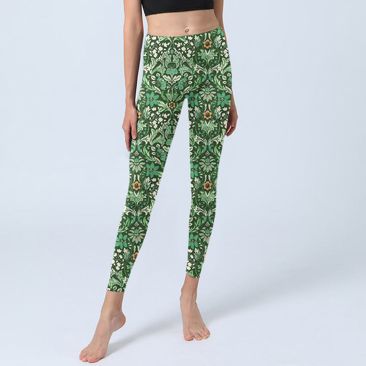 Leggings de yoga para mujer con estampado simétrico de flores y hojas con costuras verdes de Buddha Stones - image 6