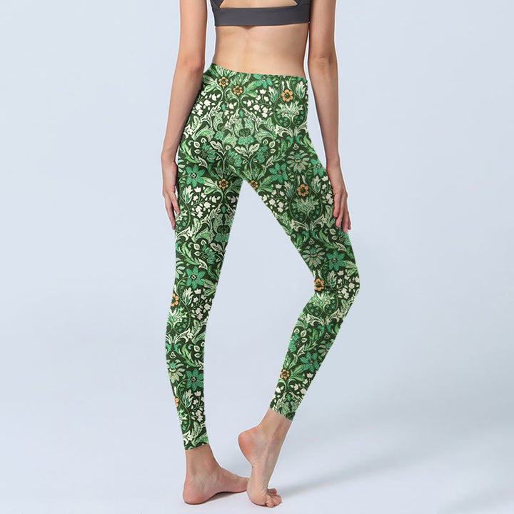 Leggings de yoga para mujer con estampado simétrico de flores y hojas con costuras verdes de Buddha Stones - image 4