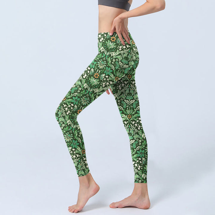 Leggings de yoga para mujer con estampado simétrico de flores y hojas con costuras verdes de Buddha Stones - image 3