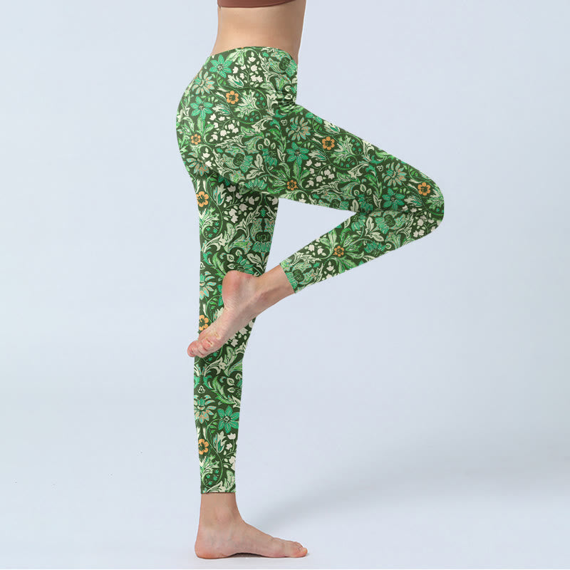 Leggings de yoga para mujer con estampado simétrico de flores y hojas con costuras verdes de Buddha Stones - image 4