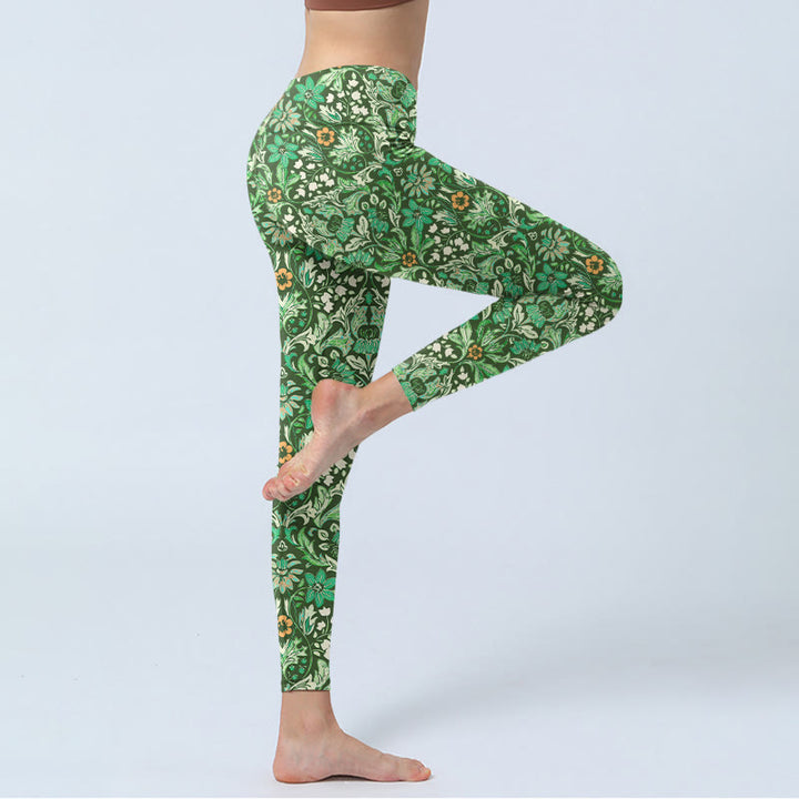 Leggings de yoga para mujer con estampado simétrico de flores y hojas con costuras verdes de Buddha Stones - image 4