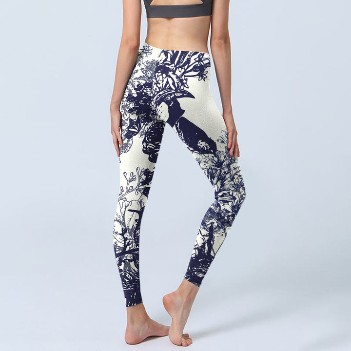 Leggings de yoga para mujer con estampado de Buddha Stones, flores, hojas, pájaros y mariposas, con costuras blancas - image 4