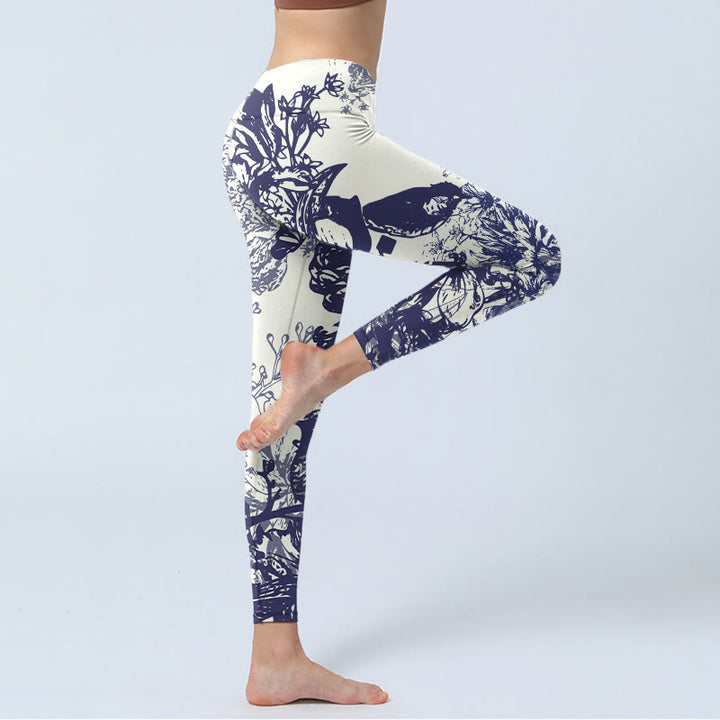 Leggings de yoga para mujer con estampado de Buddha Stones, flores, hojas, pájaros y mariposas, con costuras blancas - image 4
