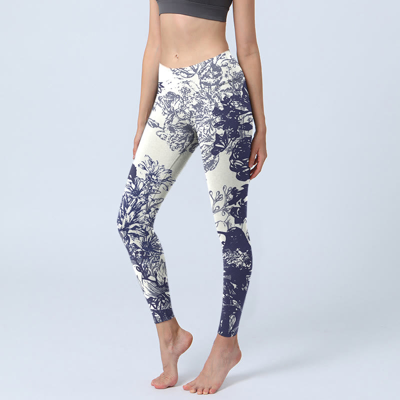 Leggings de yoga para mujer con estampado de Buddha Stones, flores, hojas, pájaros y mariposas, con costuras blancas - Crema de menta - US18，UK/AU22，EU50 (4XL) - image 1
