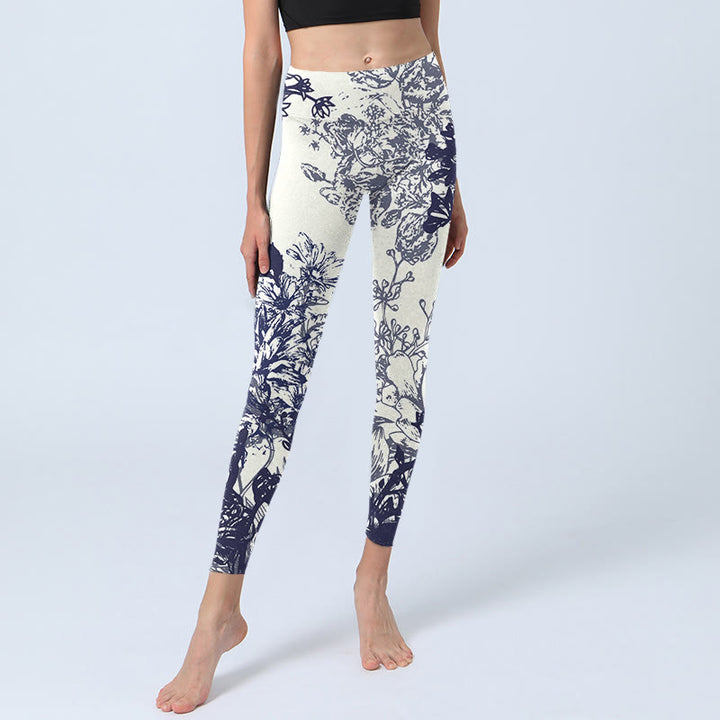 Leggings de yoga para mujer con estampado de Buddha Stones, flores, hojas, pájaros y mariposas, con costuras blancas - image 6