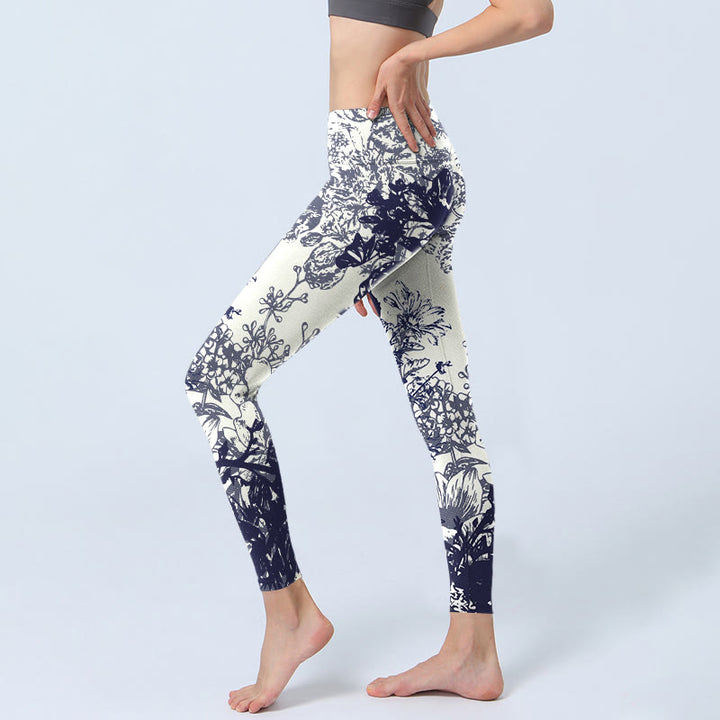 Leggings de yoga para mujer con estampado de Buddha Stones, flores, hojas, pájaros y mariposas, con costuras blancas - image 3