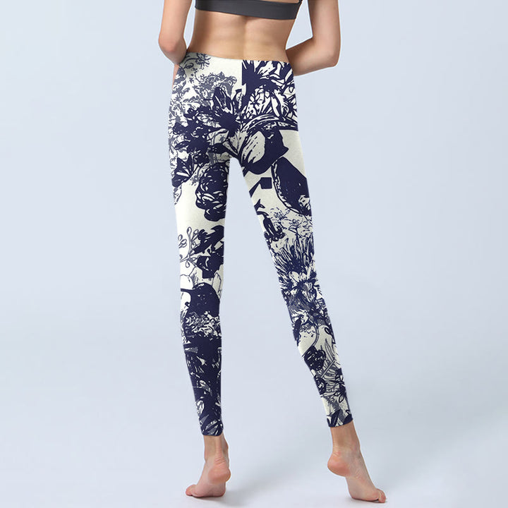 Leggings de yoga para mujer con estampado de Buddha Stones, flores, hojas, pájaros y mariposas, con costuras blancas - image 7