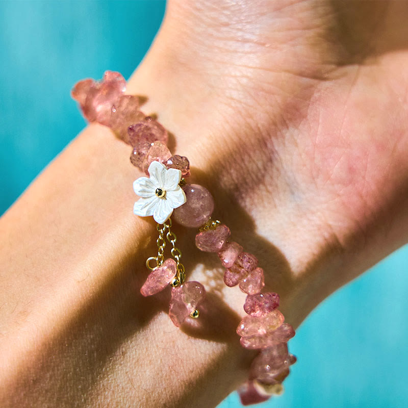 Pulsera curativa con flores de cristal Super Seven y cuarzo fresa natural y cuarzo fresa verde de Buddha Stones