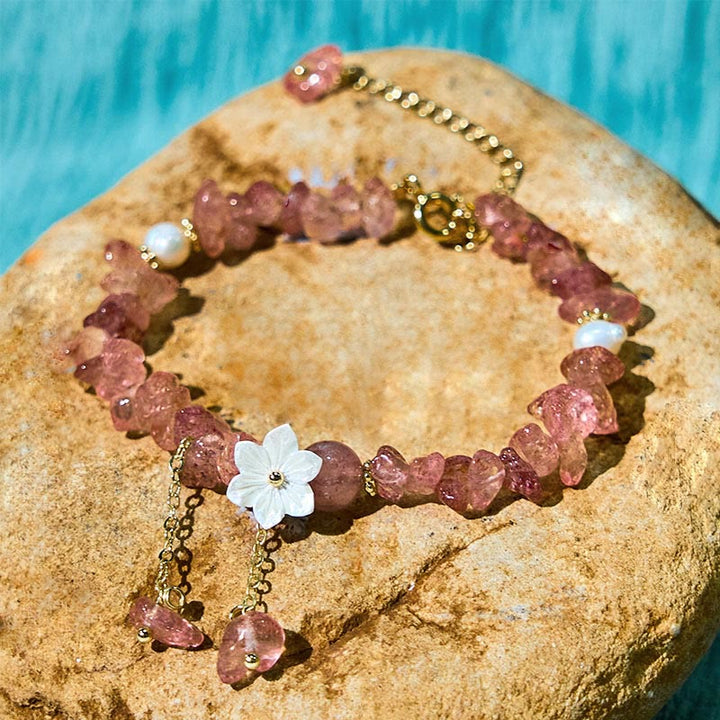 Pulsera curativa con flores de cristal Super Seven y cuarzo fresa natural y cuarzo fresa verde de Buddha Stones