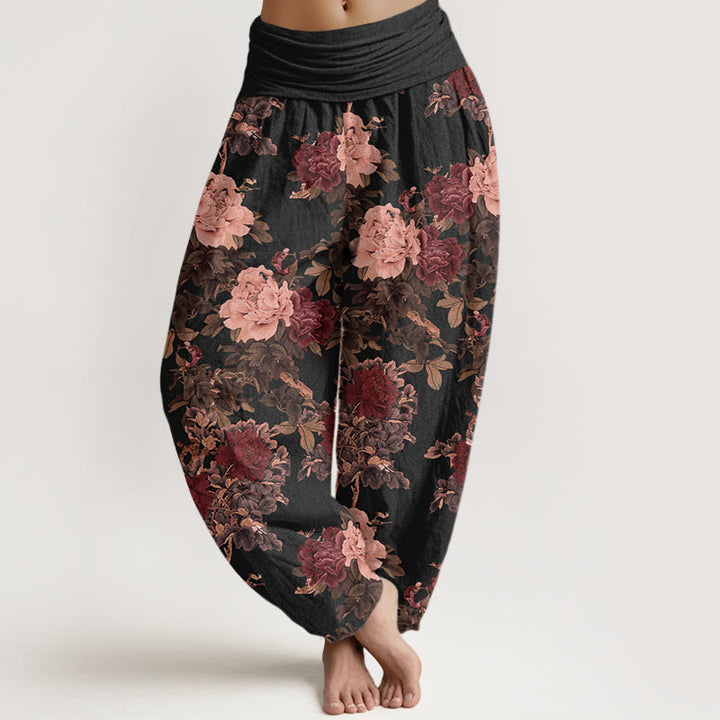 Pantalones bombachos de cintura elástica para mujer, de algodón, estilo casual, con estampado de flores de peonía y hojas, de Buddha Stones Cotton. - Negro - US22，UK/AU26，EU54 (6XL) - image 0