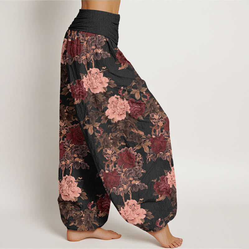 Pantalones bombachos de cintura elástica para mujer, de algodón, estilo casual, con estampado de flores de peonía y hojas, de Buddha Stones Cotton. - image 1