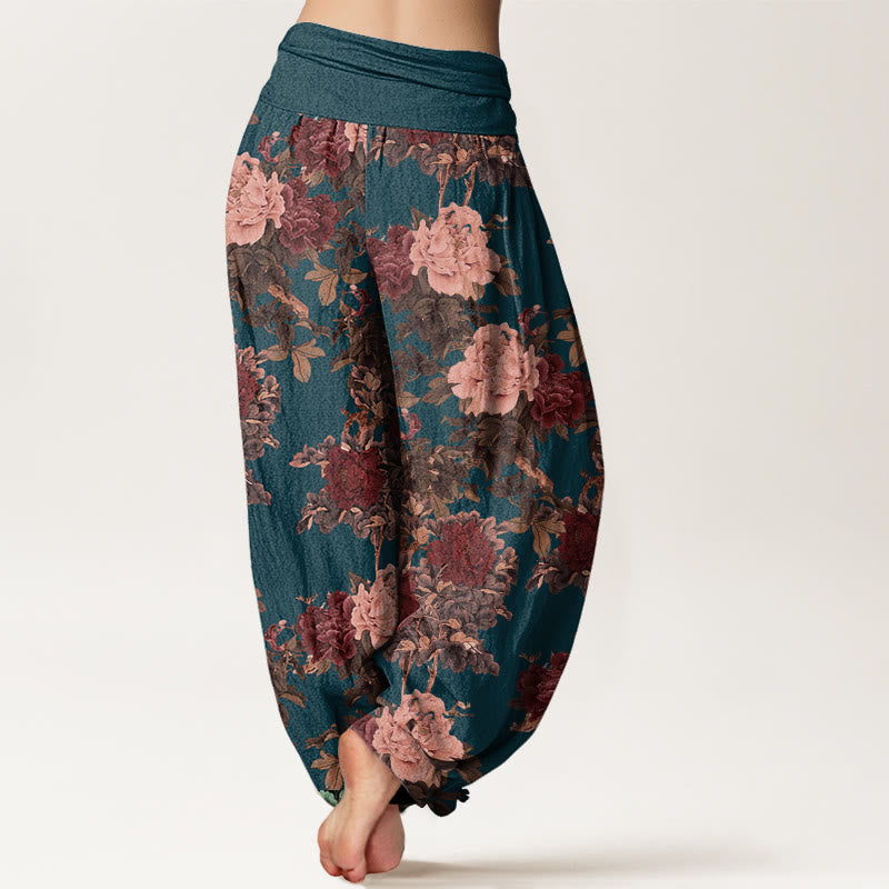 Pantalones bombachos de cintura elástica para mujer, de algodón, estilo casual, con estampado de flores de peonía y hojas, de Buddha Stones Cotton. - image 9