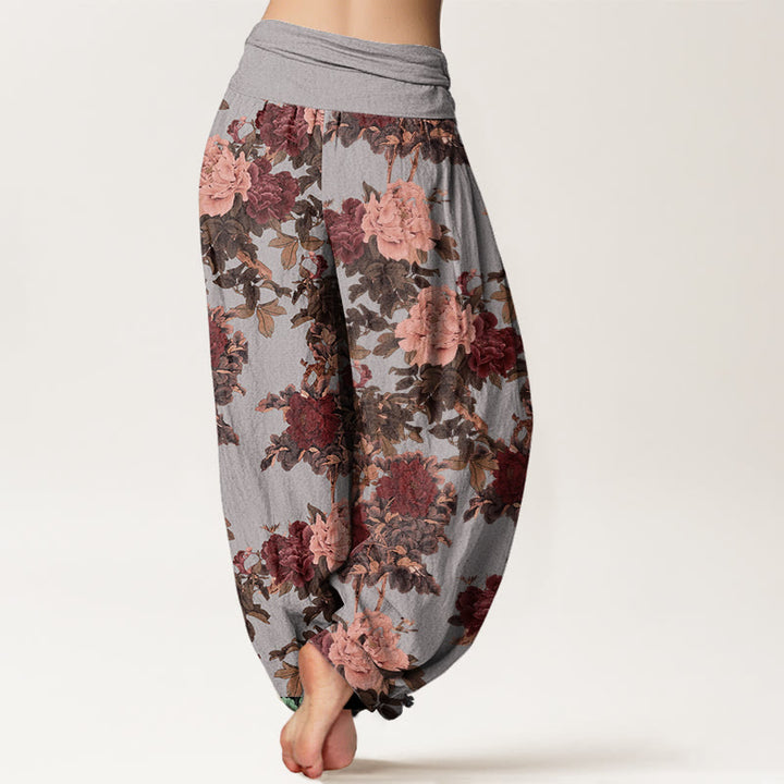 Pantalones bombachos de cintura elástica para mujer, de algodón, estilo casual, con estampado de flores de peonía y hojas, de Buddha Stones Cotton. - image 6