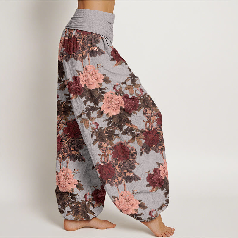 Pantalones bombachos de cintura elástica para mujer, de algodón, estilo casual, con estampado de flores de peonía y hojas, de Buddha Stones Cotton. - image 5
