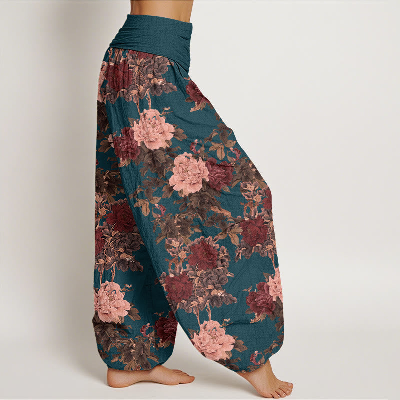 Pantalones bombachos de cintura elástica para mujer, de algodón, estilo casual, con estampado de flores de peonía y hojas, de Buddha Stones Cotton. - image 8