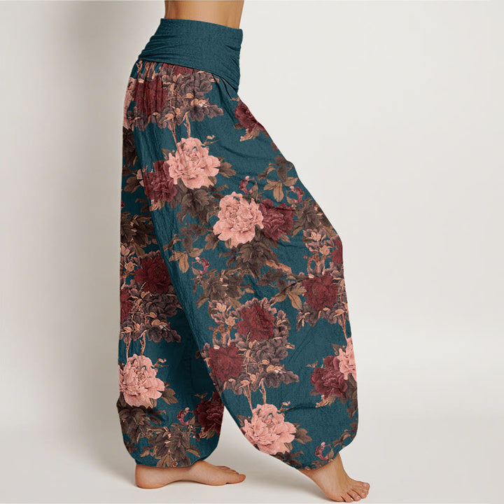 Pantalones bombachos de cintura elástica para mujer, de algodón, estilo casual, con estampado de flores de peonía y hojas, de Buddha Stones Cotton. - image 8