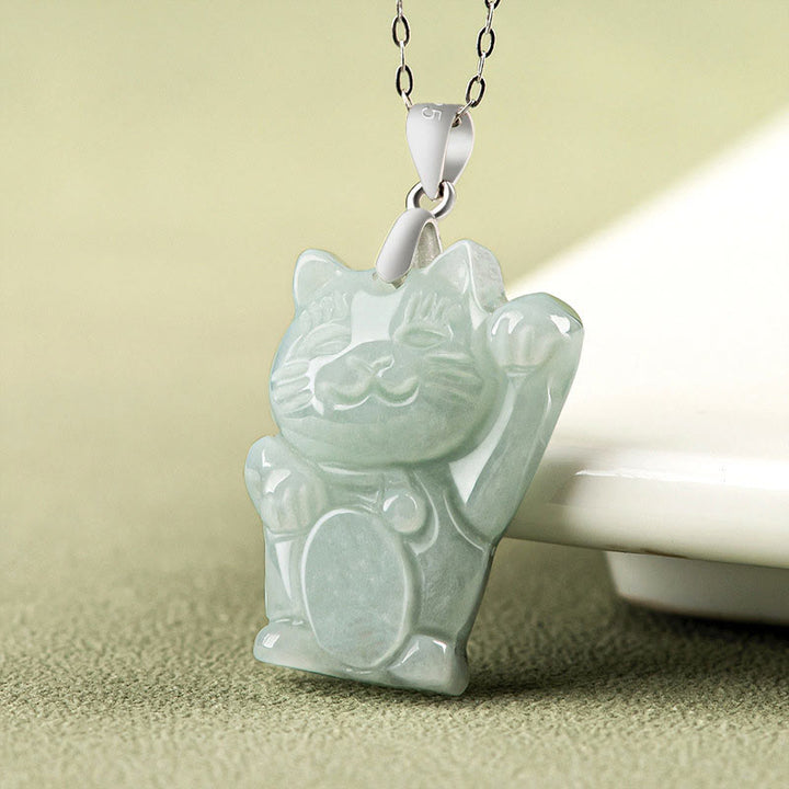 Collar con colgante de gato de la fortuna y jade de plata de ley 925 con Buddha Stones y prosperidad - image 2