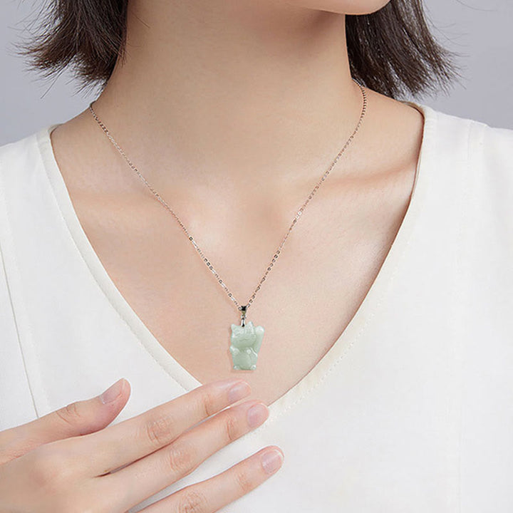 Collar con colgante de gato de la fortuna y jade de plata de ley 925 con Buddha Stones y prosperidad - image 7