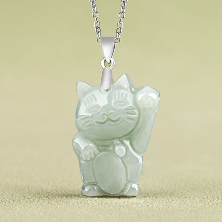 Collar con colgante de gato de la fortuna y jade de plata de ley 925 con Buddha Stones y prosperidad - Jade - image 1