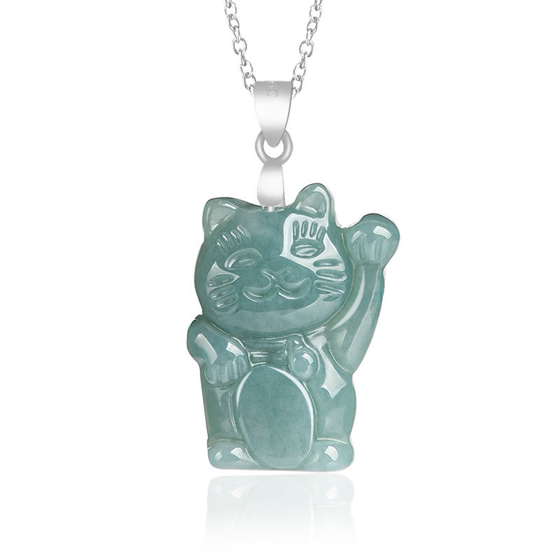 Collar con colgante de gato de la suerte de jade natural en plata de ley 925 con Buddha Stones y abundancia - Jade - image 1