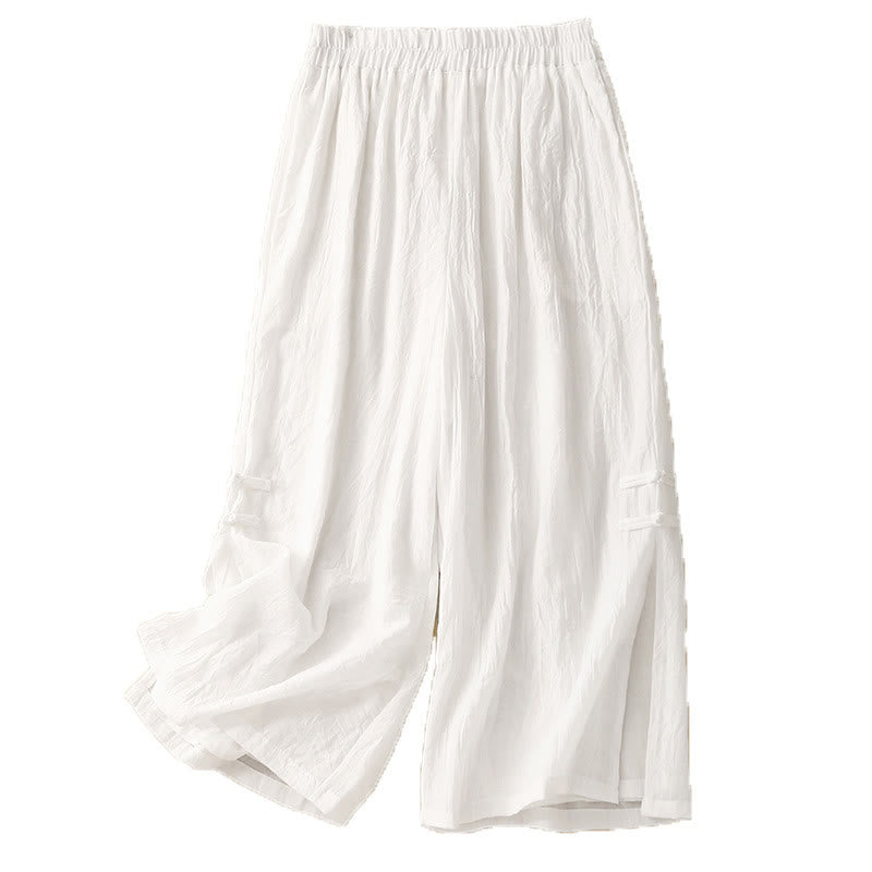 Pantalones anchos de algodón y lino con botones de rana china de color liso para mujer con Buddha Stones - image 9