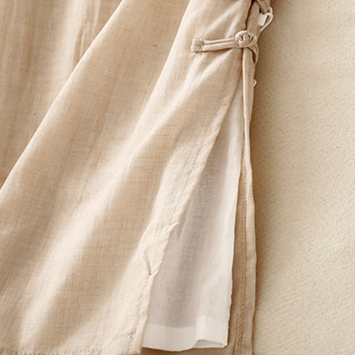 Pantalones anchos de algodón y lino con botones de rana china de color liso para mujer con Buddha Stones - image 12