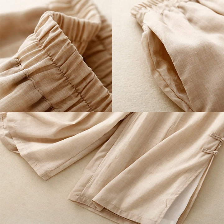 Pantalones anchos de algodón y lino con botones de rana china de color liso para mujer con Buddha Stones - image 16