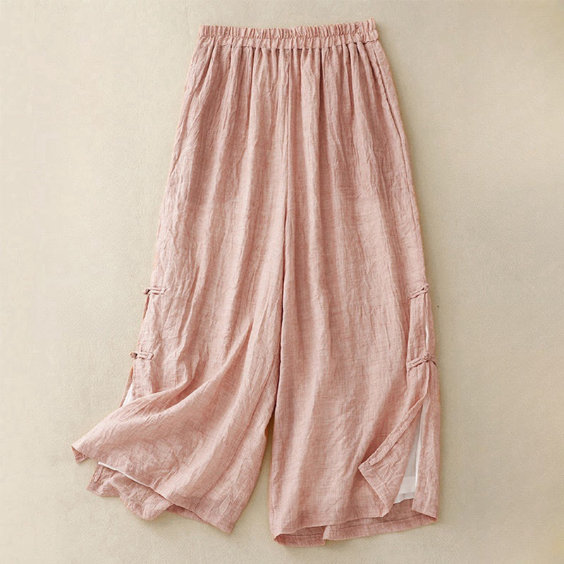 Pantalones anchos de algodón y lino con botones de rana china de color liso para mujer con Buddha Stones - Rosa claro - US8-10，UK/AU12-14，EU40-42 (2XL) - image 0