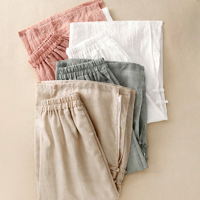 Pantalones anchos de algodón y lino con botones de rana china de color liso para mujer con Buddha Stones - image 20