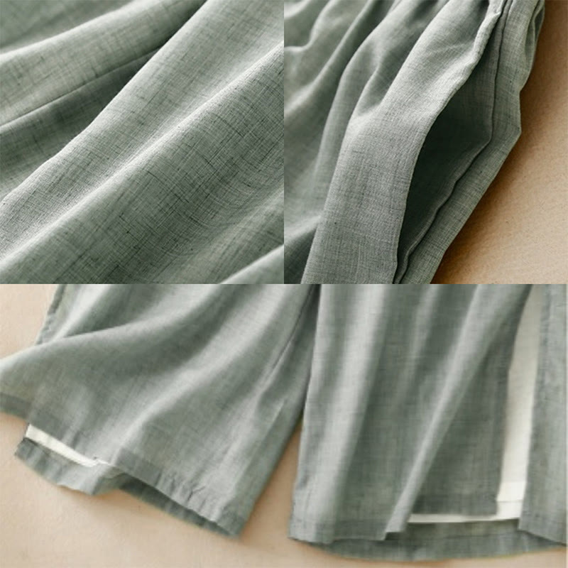 Pantalones anchos de algodón y lino con botones de rana china de color liso para mujer con Buddha Stones - image 19