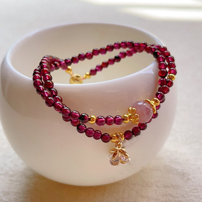 Pulsera de doble vuelta con Buddha Stones, flor natural, granate, cristal rosa y calma - image 4