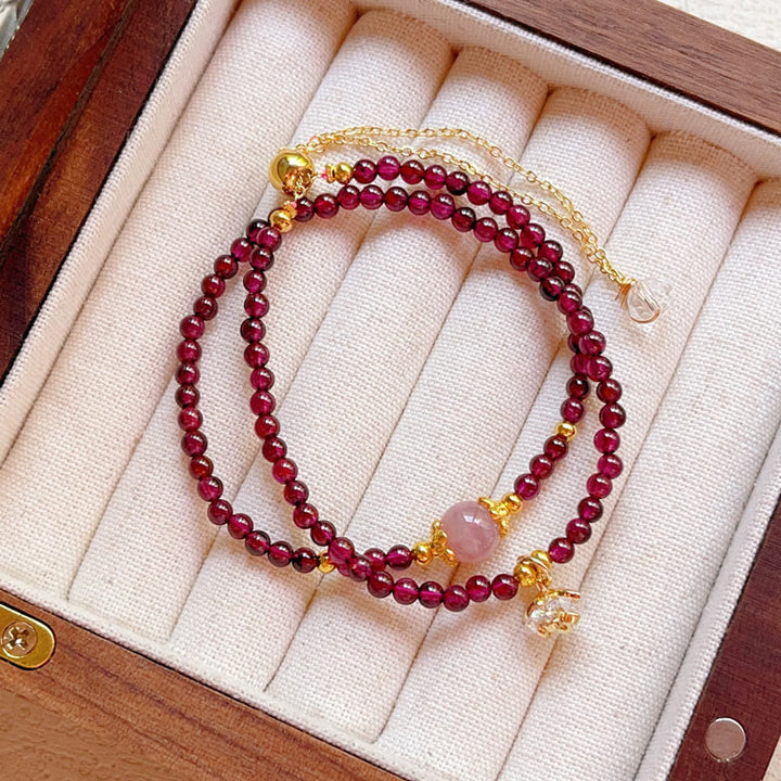 Pulsera de doble vuelta con Buddha Stones, flor natural, granate, cristal rosa y calma - image 3