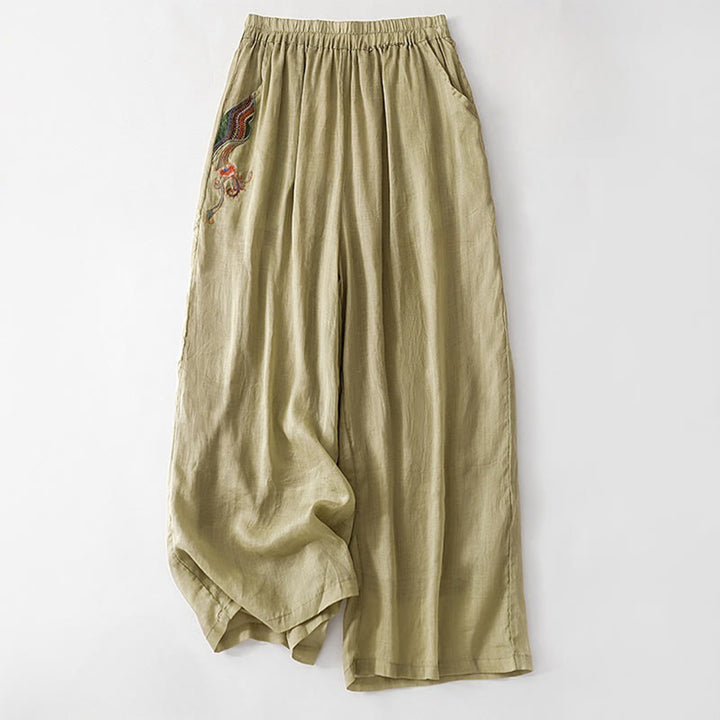 Pantalones anchos de lino y algodón de doble capa con bordado de Buddha Stones para mujer, con bolsillos