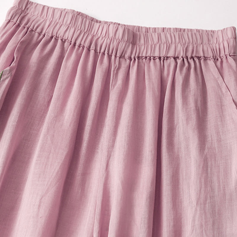 Pantalones anchos de lino y algodón de doble capa con bordado de Buddha Stones para mujer, con bolsillos