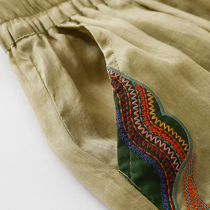 Pantalones anchos de lino y algodón de doble capa con bordado de Buddha Stones para mujer, con bolsillos