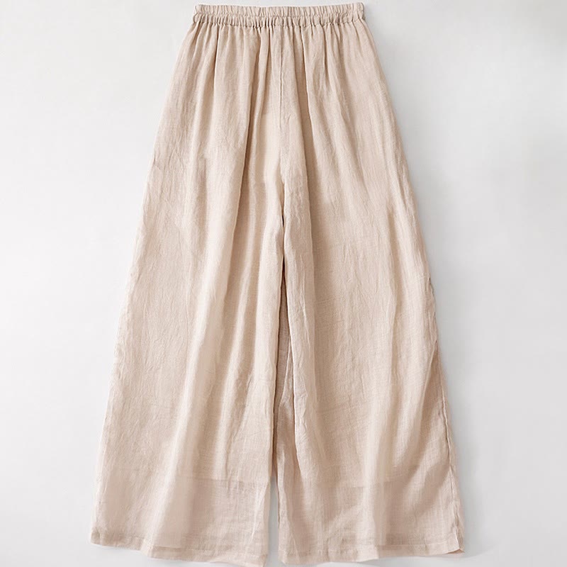 Pantalones anchos de lino y algodón de doble capa con bordado de Buddha Stones para mujer, con bolsillos