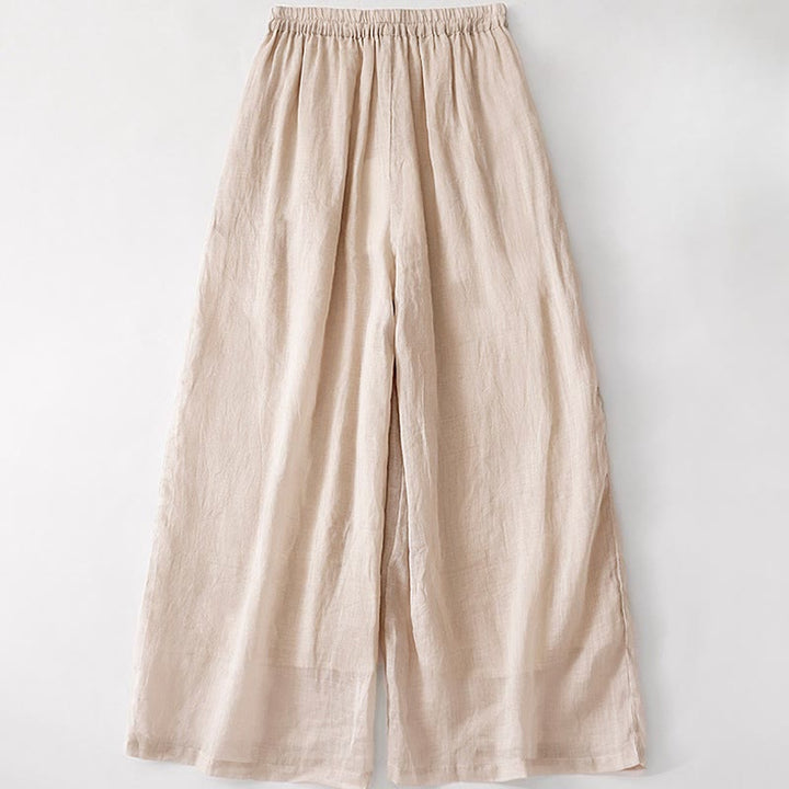 Pantalones anchos de lino y algodón de doble capa con bordado de Buddha Stones para mujer, con bolsillos