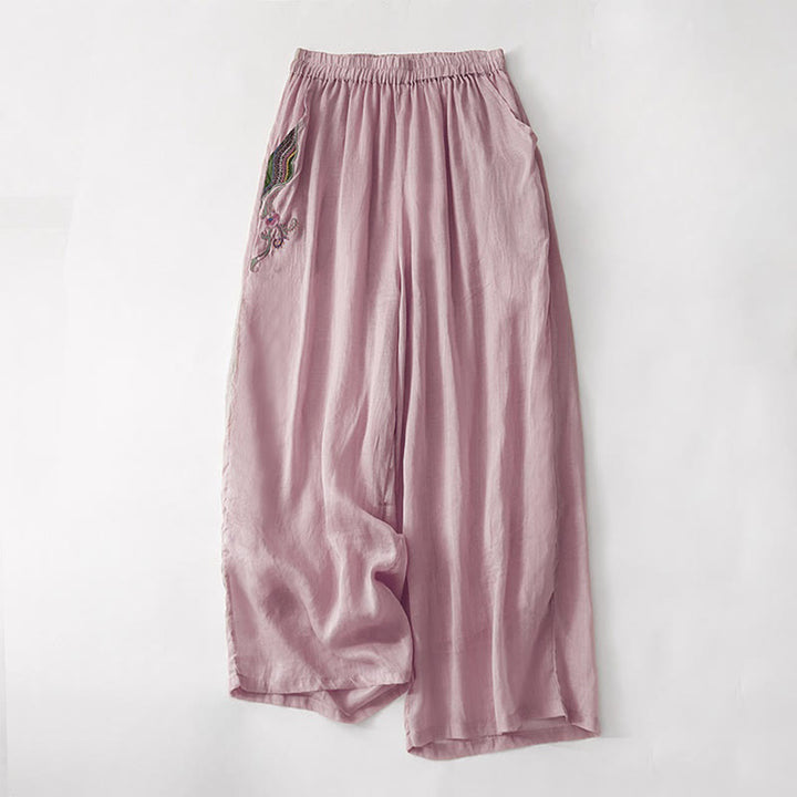 Pantalones anchos de lino y algodón de doble capa con bordado de Buddha Stones para mujer, con bolsillos