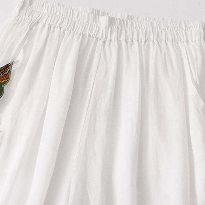 Pantalones anchos de lino y algodón de doble capa con bordado de Buddha Stones para mujer, con bolsillos