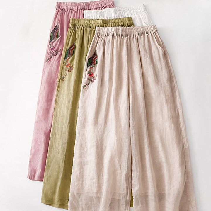 Pantalones anchos de lino y algodón de doble capa con bordado de Buddha Stones para mujer, con bolsillos