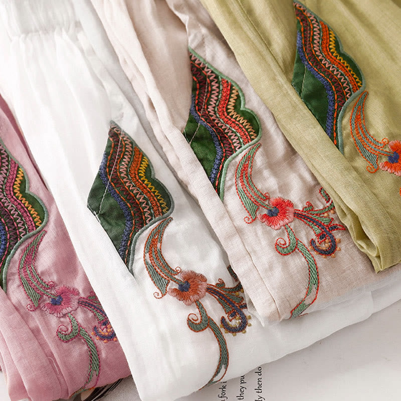 Pantalones anchos de lino y algodón de doble capa con bordado de Buddha Stones para mujer, con bolsillos
