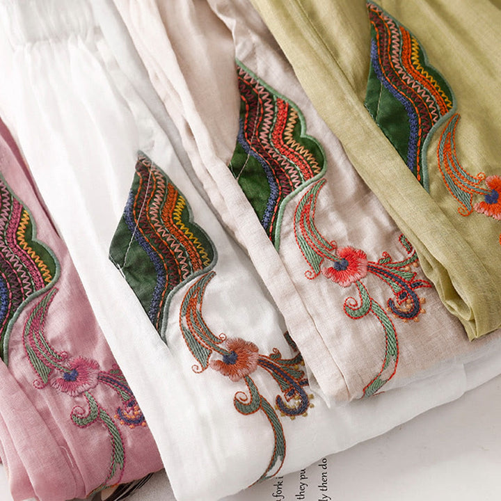 Pantalones anchos de lino y algodón de doble capa con bordado de Buddha Stones para mujer, con bolsillos