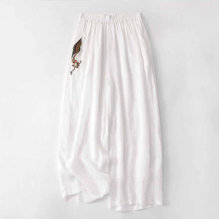 Pantalones anchos de lino y algodón de doble capa con bordado de Buddha Stones para mujer, con bolsillos